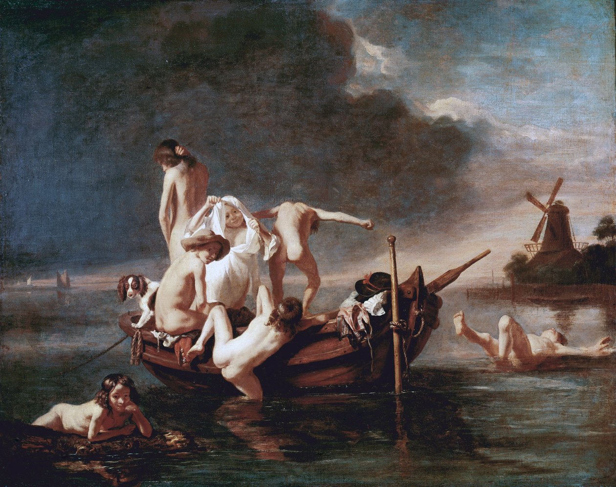 Badning (olja på duk av Nicolaes Maes