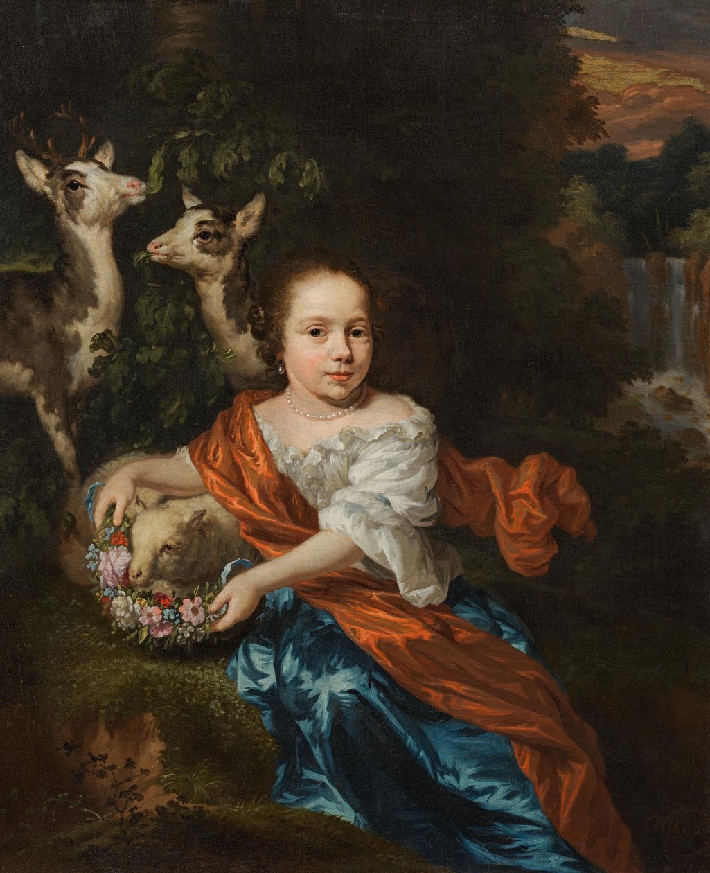Holländska: Flicka med lamm och hjort Flicka med lamm och hjort av Nicolaes Maes