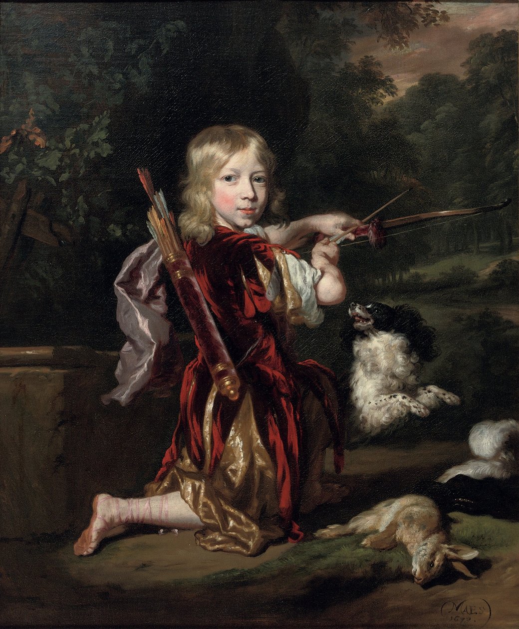 Nederländska: Portret van een onbekende jongen Porträtt av pojke, i helfigur, i klassicistisk dräkt, med en rosett av Nicolaes Maes