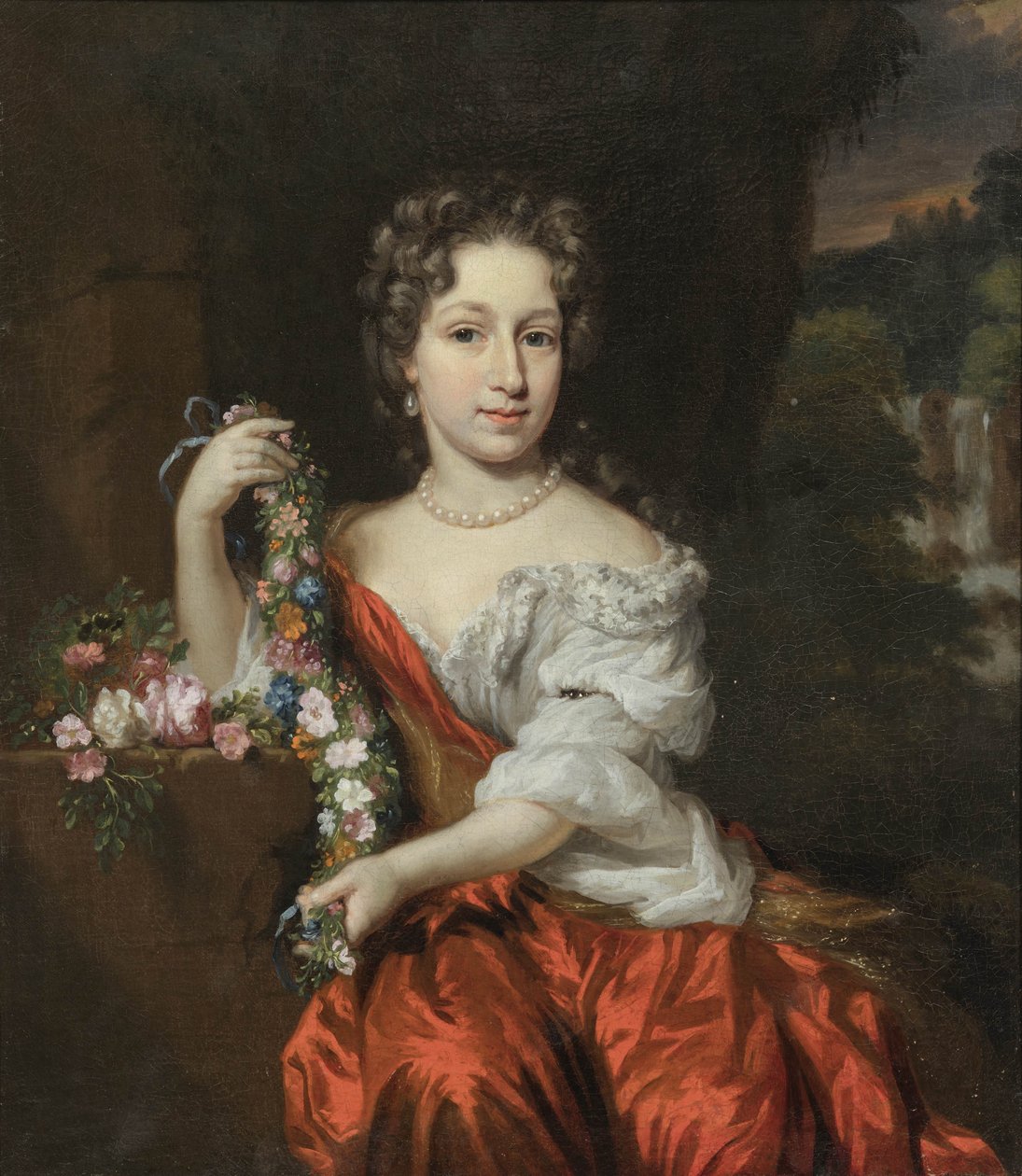 Holländska: Porträtt av en okänd kvinna Porträtt av en ung kvinna med blomsterkrans av Nicolaes Maes