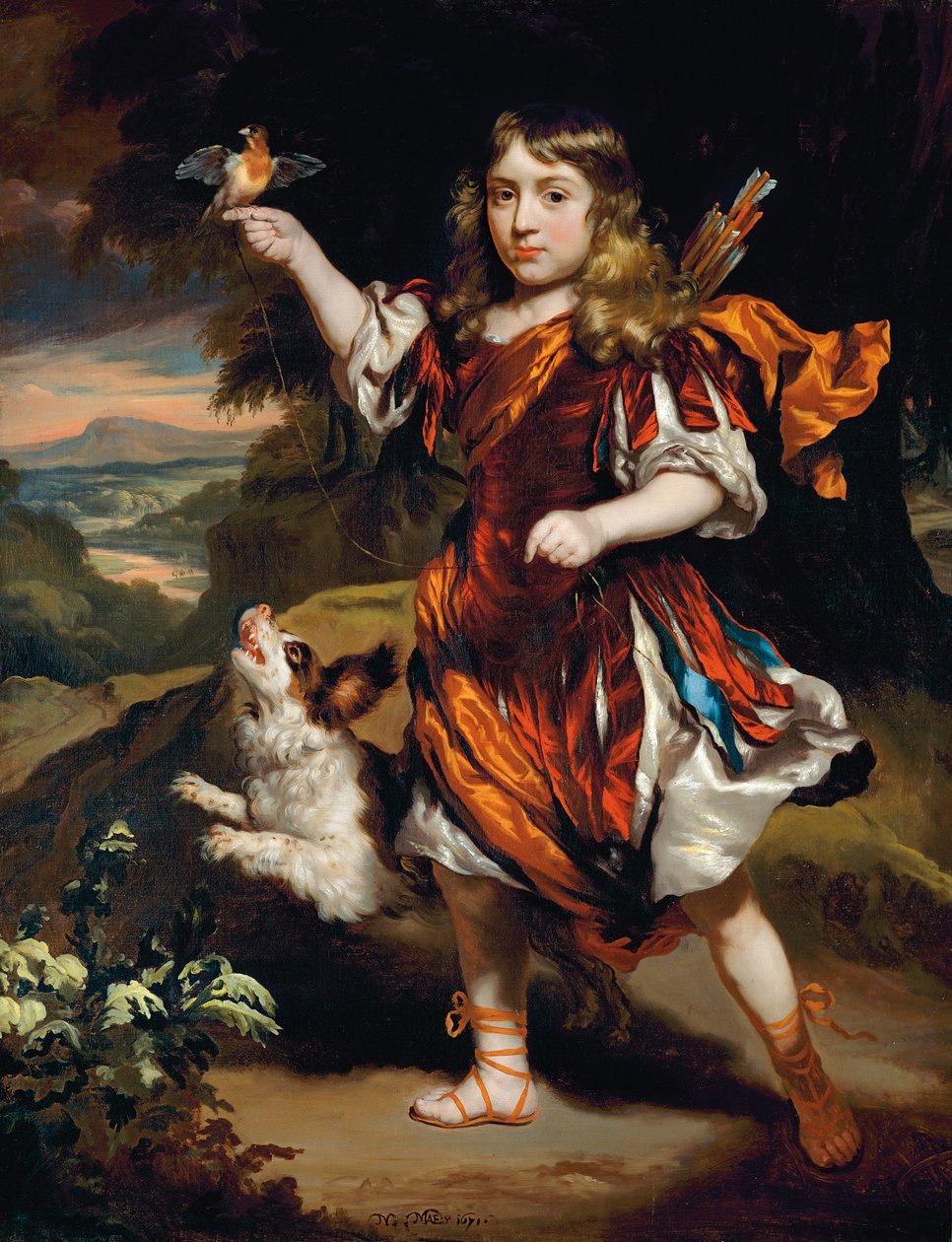 Porträtt av en pojke, som Daifilo, i en röd surcoat över en silverrock, med en orange mantel, en fågel vilande på hans högra hand, hans hund bredvid honom, i ett landskap av Nicolaes Maes