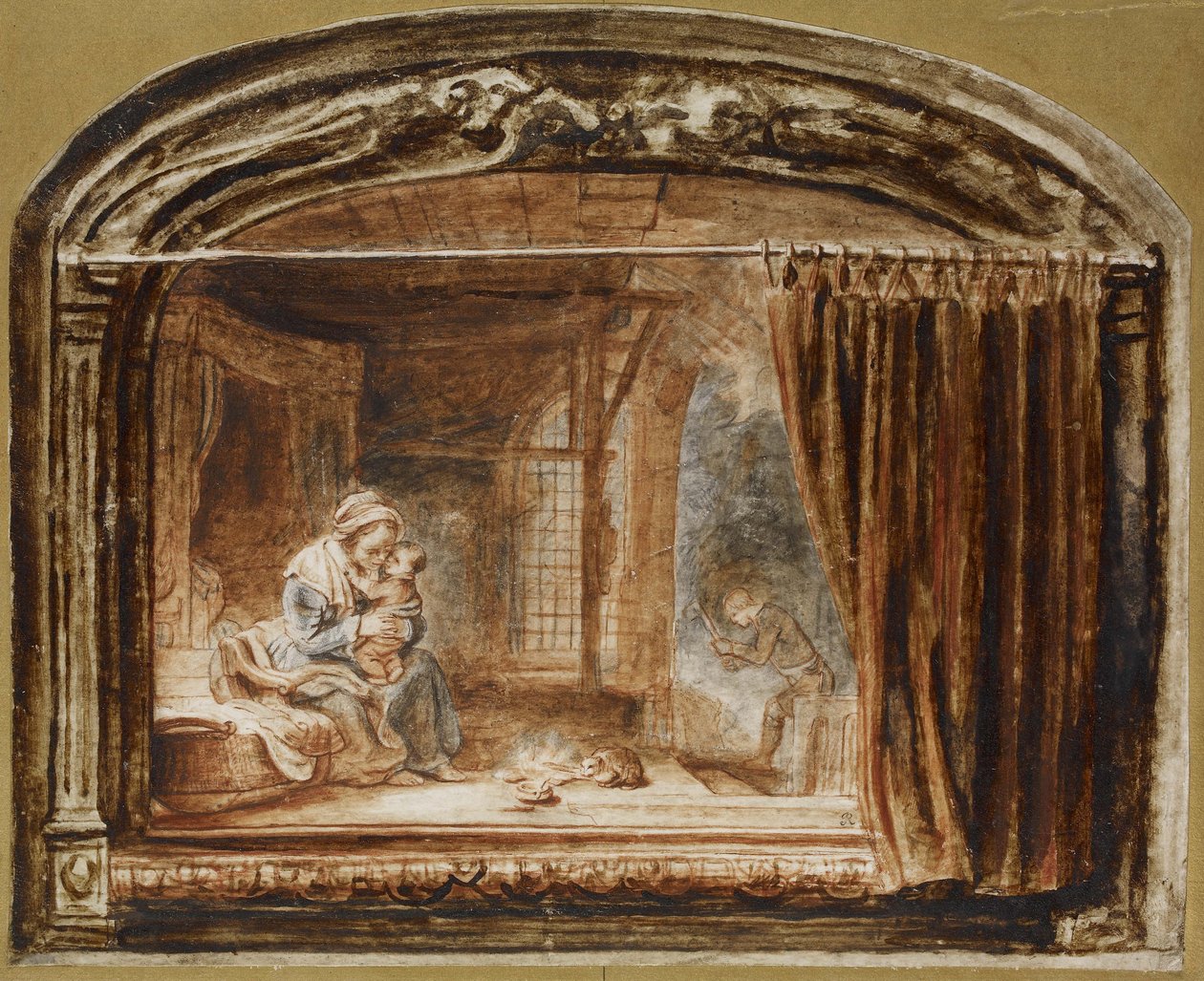 Den heliga familjen med Joseph som hugger ved av Nicolaes Maes