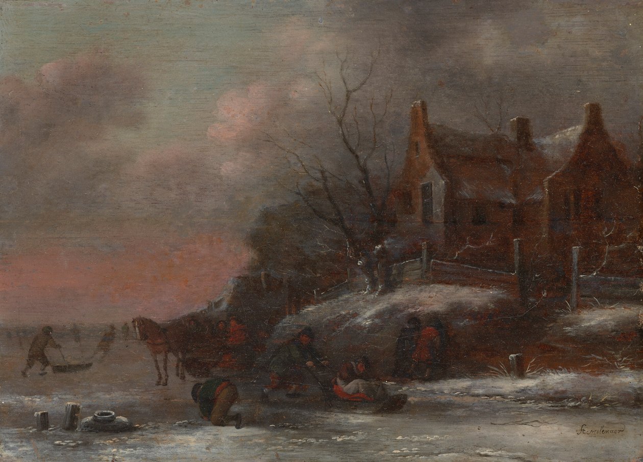 Ett vinterlandskap med figurer som åker kälke på en frusen flod av Nicolaes Molenaer