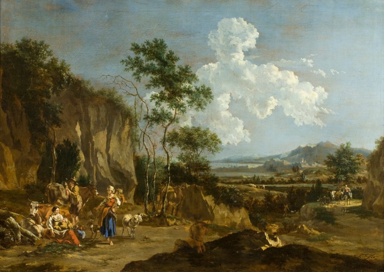 Italienskt landskap (eller arbetarlunch) av Nicolaes Pietersz (follower of) Berchem