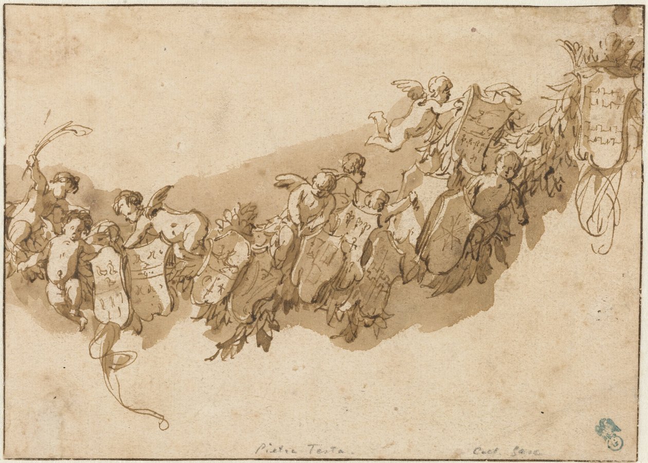 Heraldisk krans omgiven av änglar av Nicolaes Pietersz Berchem (possibly)
