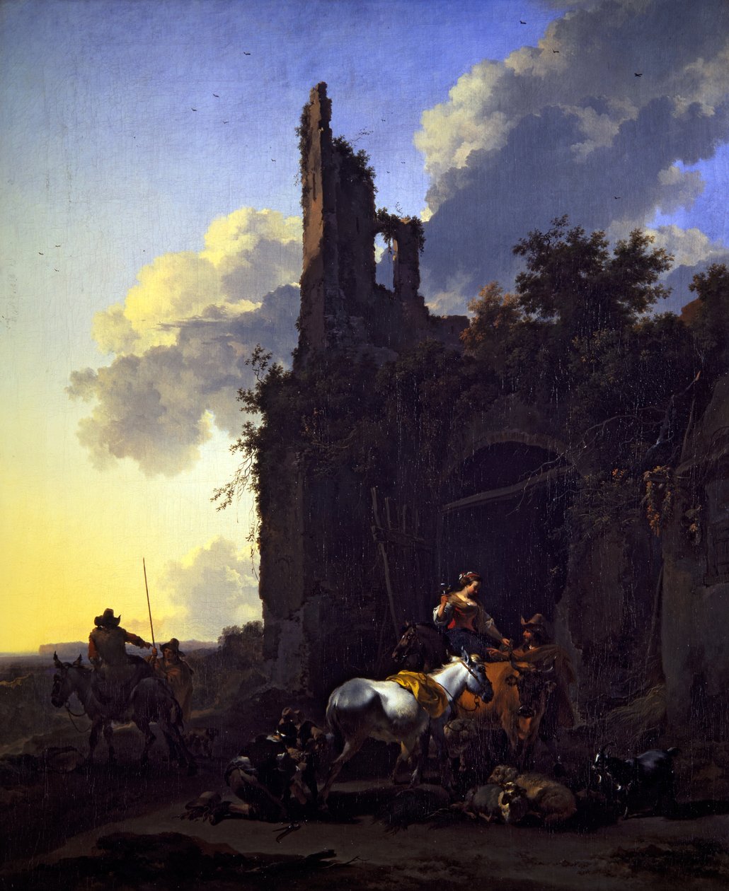 Ett landskap i italiensk stil med bönder utanför ett värdshus av Nicolaes Pietersz. Berchem