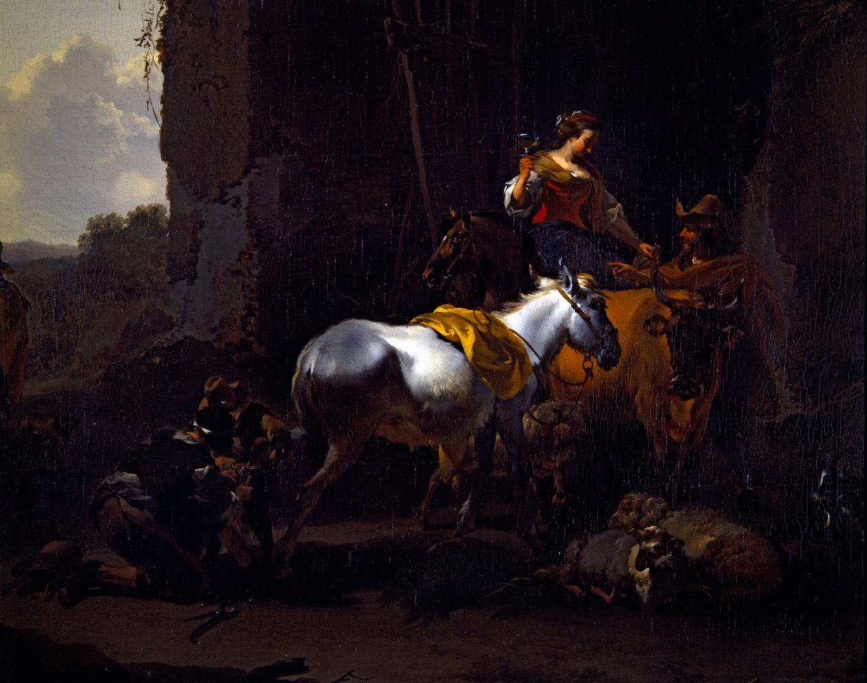 Ett landskap i italiensk stil med bönder utanför ett värdshus av Nicolaes Pietersz. Berchem