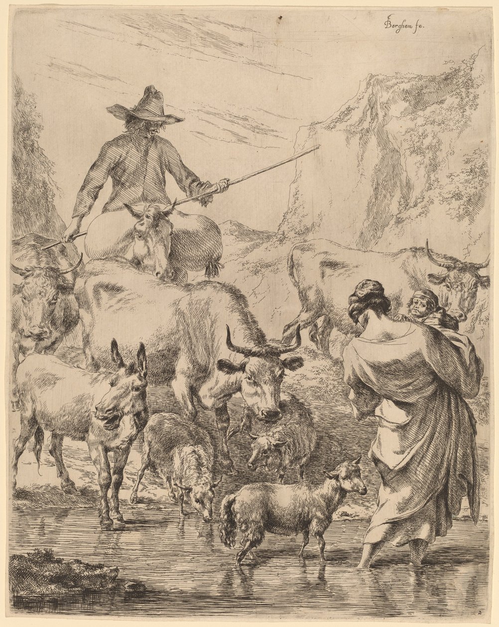 Flock som korsar bäcken av Nicolaes Pietersz Berchem