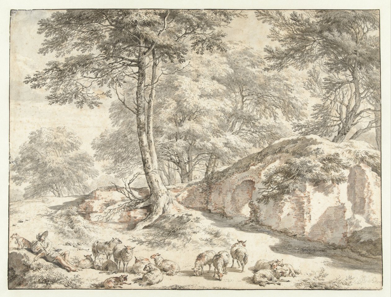 Herde med får vid en ruin mellan träd av Nicolaes Pietersz Berchem