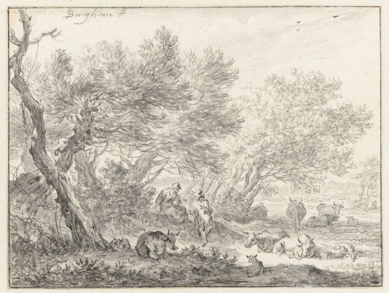 Herdar och boskap nära en grupp träd av Nicolaes Pietersz Berchem