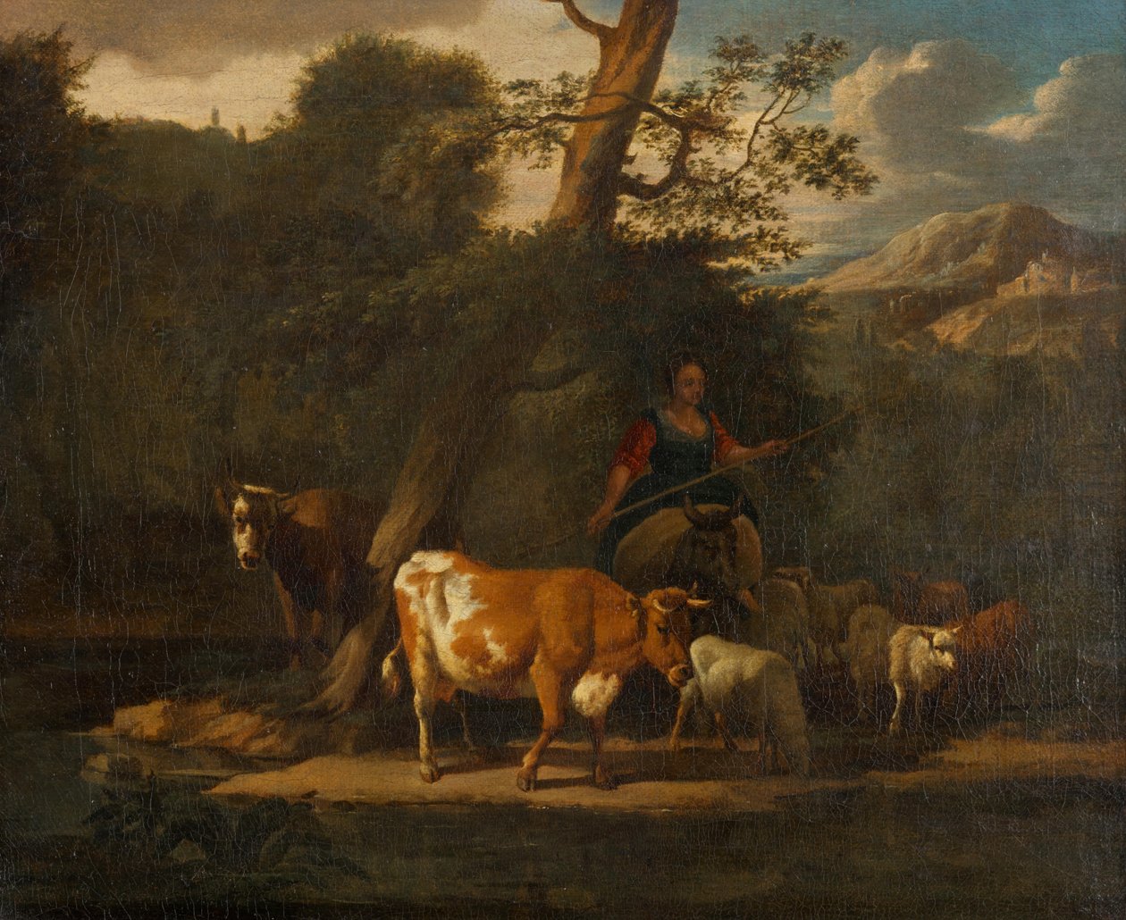 Herdinna med kor under ett träd av Nicolaes Pietersz. Berchem