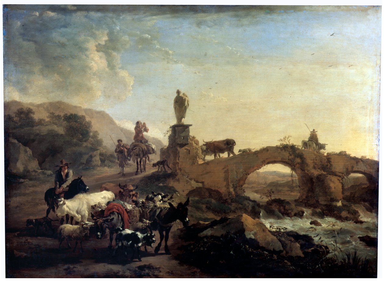 Italienskt landskap med en liten bro, 1656 av Nicolaes Pietersz. Berchem