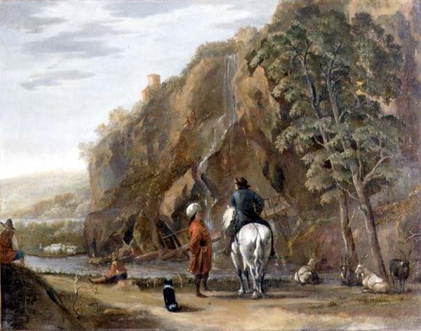 Italienskt landskap med figurer och en häst på en väg av Nicolaes Pietersz. Berchem