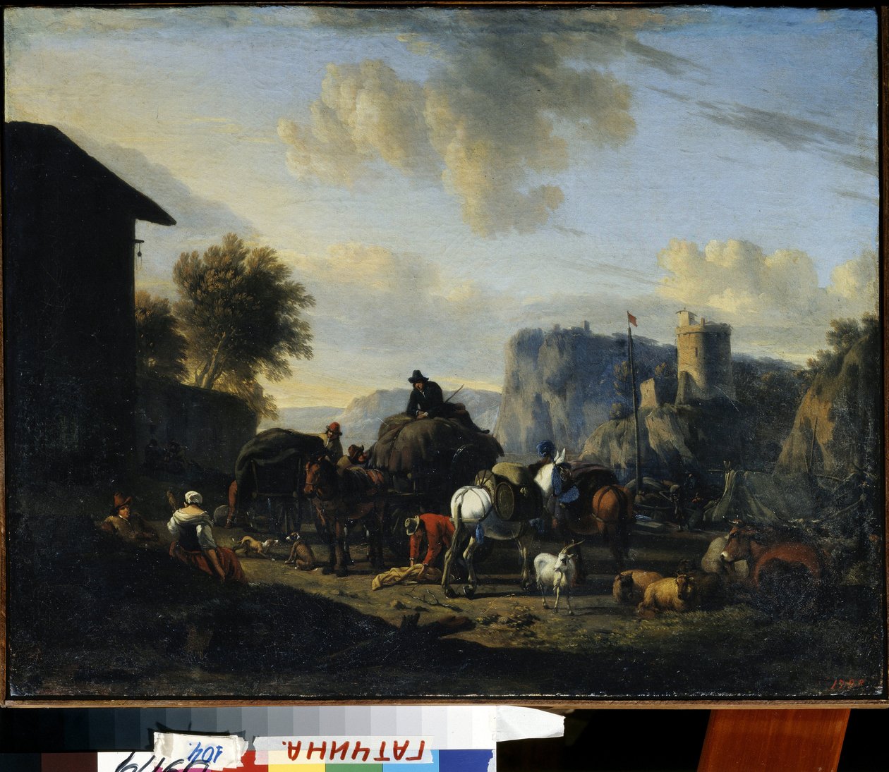 ""Resten av konvojen"" (Resten av konvojen) En grupp resande herdar som stannar på vägen. Målning av Nicolaes (Claes) Pietersz Berchem den äldre (1620-1683) 1600-talets statliga friluftsmuseum Palace Gatchina, Sankt Petersburg av Nicolaes Pietersz. Berchem