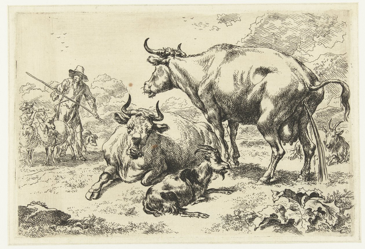 Liggande och en pissande ko Djur (serietitel) av Nicolaes Pietersz Berchem
