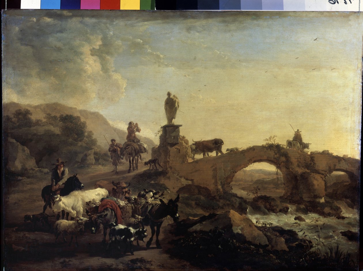 "Italienskt landskap med en liten bro" Målning av Nicolaes (Claes) Pietersz Berchem den äldre (1620-1683) 1656 Mått 44,5x61 cm Eremitagemuseet, Sankt Petersburg av Nicolaes Pietersz. Berchem