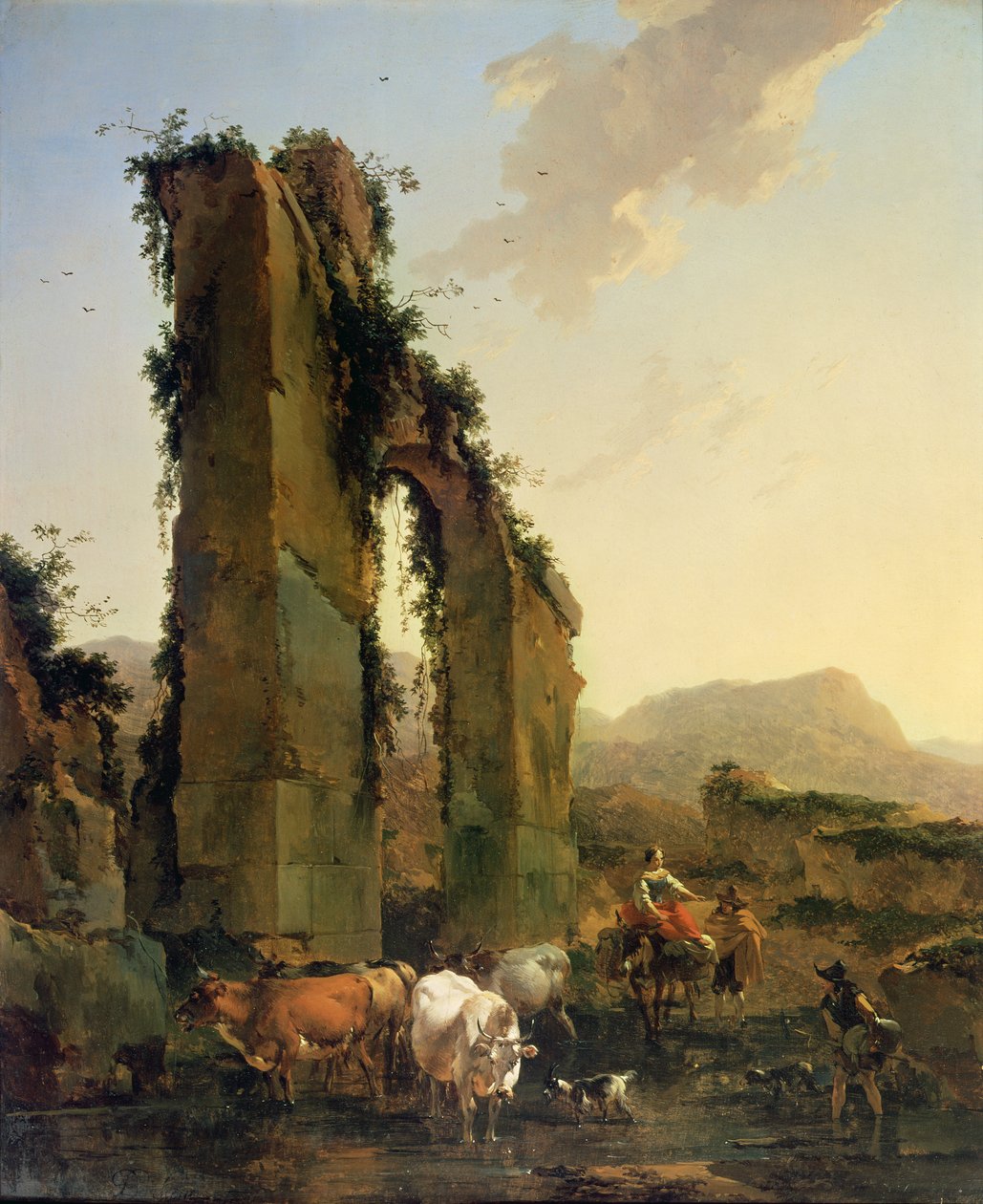 Bönder med boskap vid en ruinerad akvedukt, ca 1655-60 (olja på duk) av Nicolaes Pietersz. Berchem