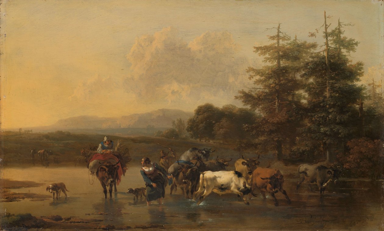 Boskapsbesättningen En flock nötkreatur som korsar en Ford av Nicolaes Pietersz Berchem