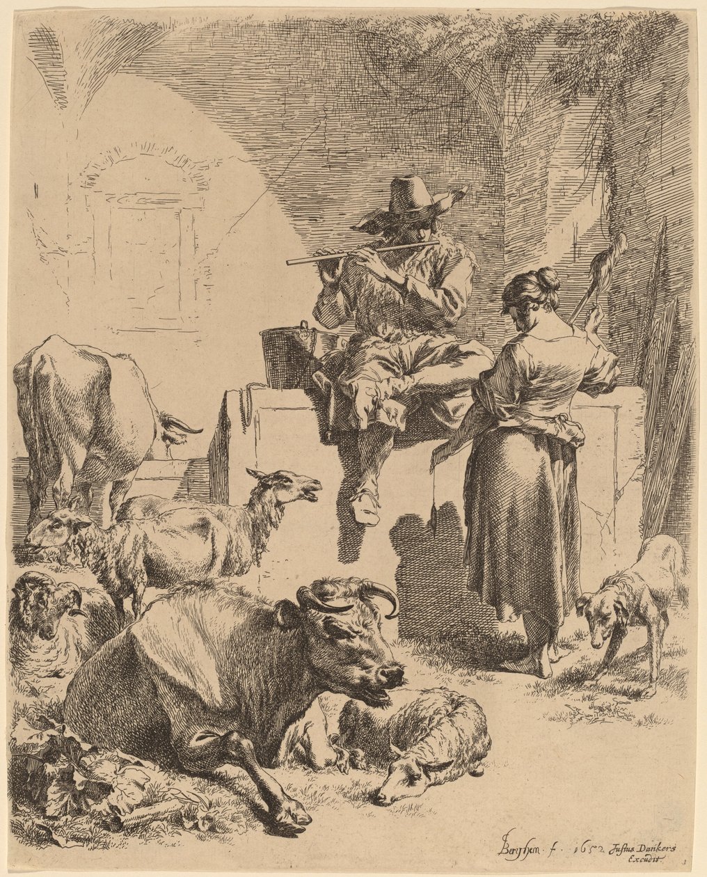 Herden som sitter på en fontän och spinnaren av Nicolaes Pietersz Berchem