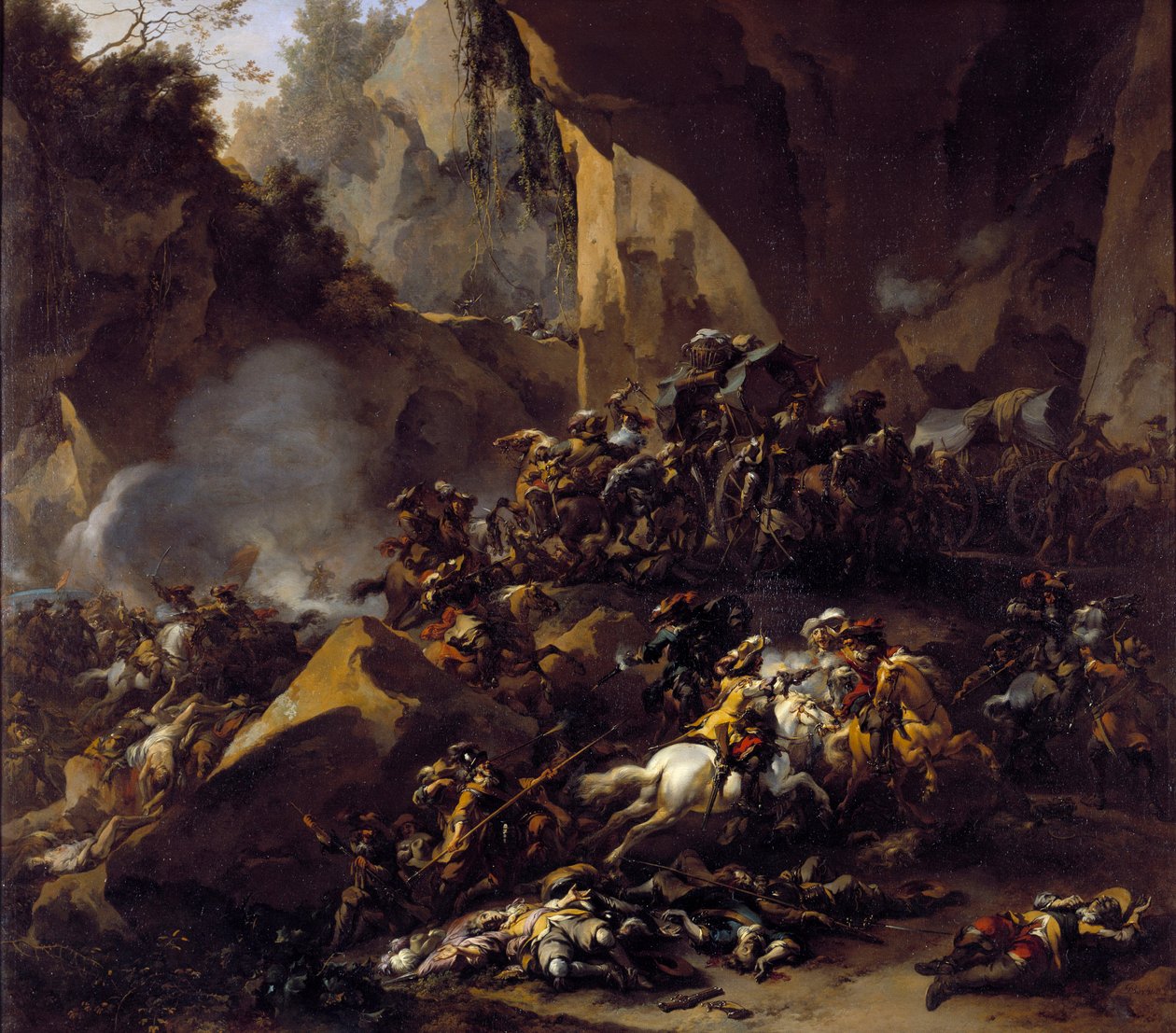 Resenärer attackerade av rånare av Nicolaes Pietersz Berchem