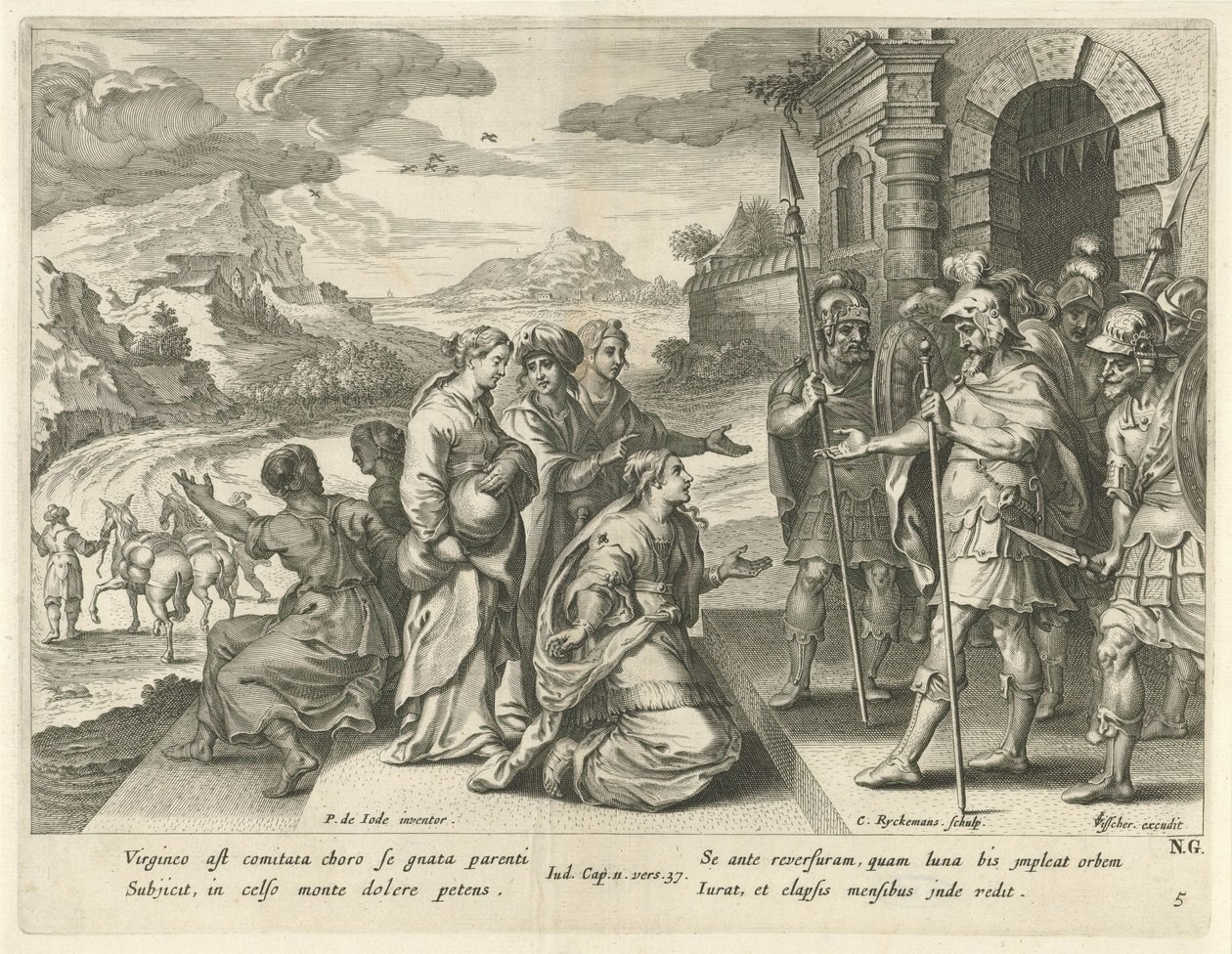Jefta ger sin dotter tillåtelse att gå upp i bergen Jeftas historia (serietitel) av Nicolaes Ryckmans