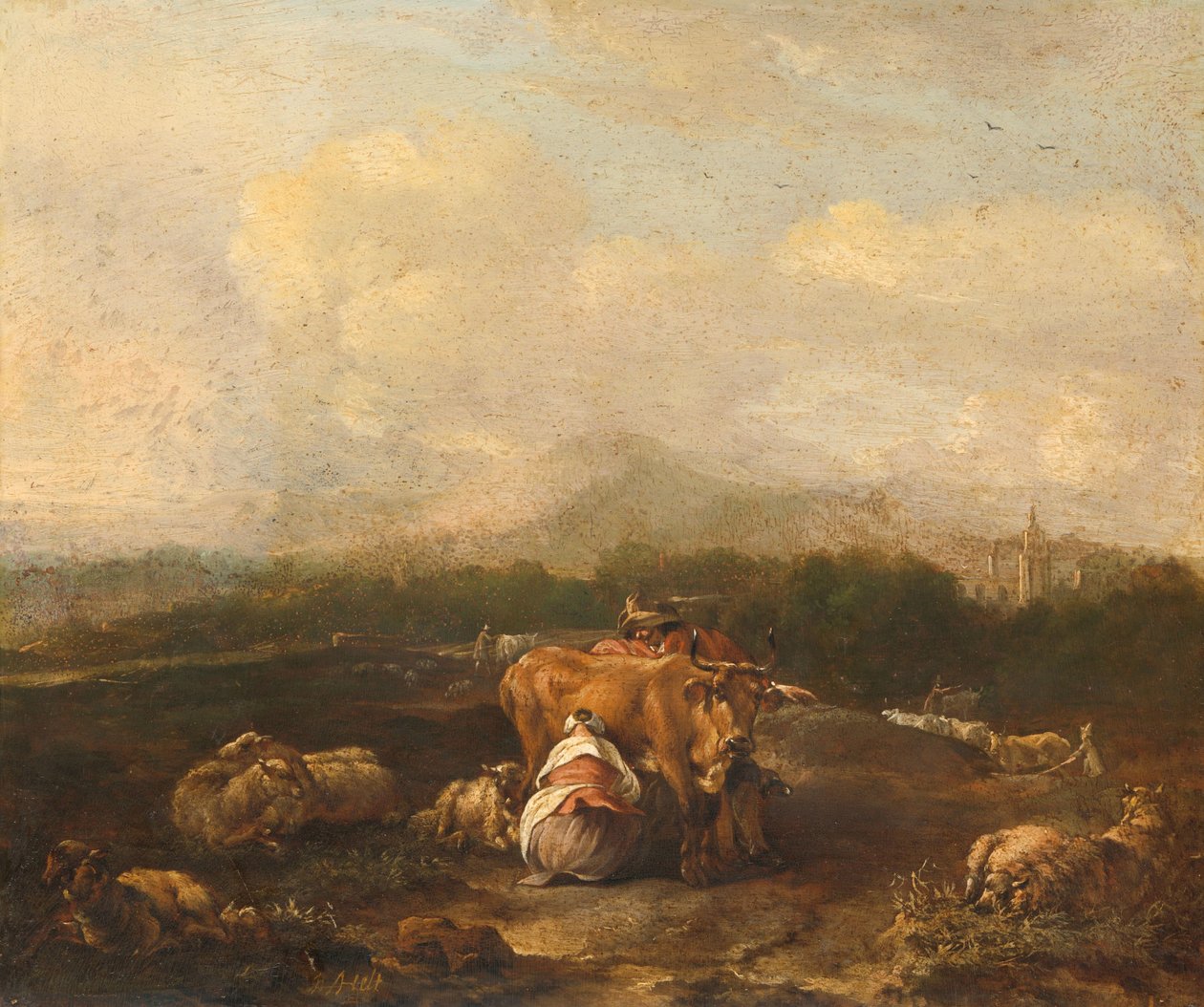 Italienskt landskap med boskap av Nicolaes Van Helt Stockade