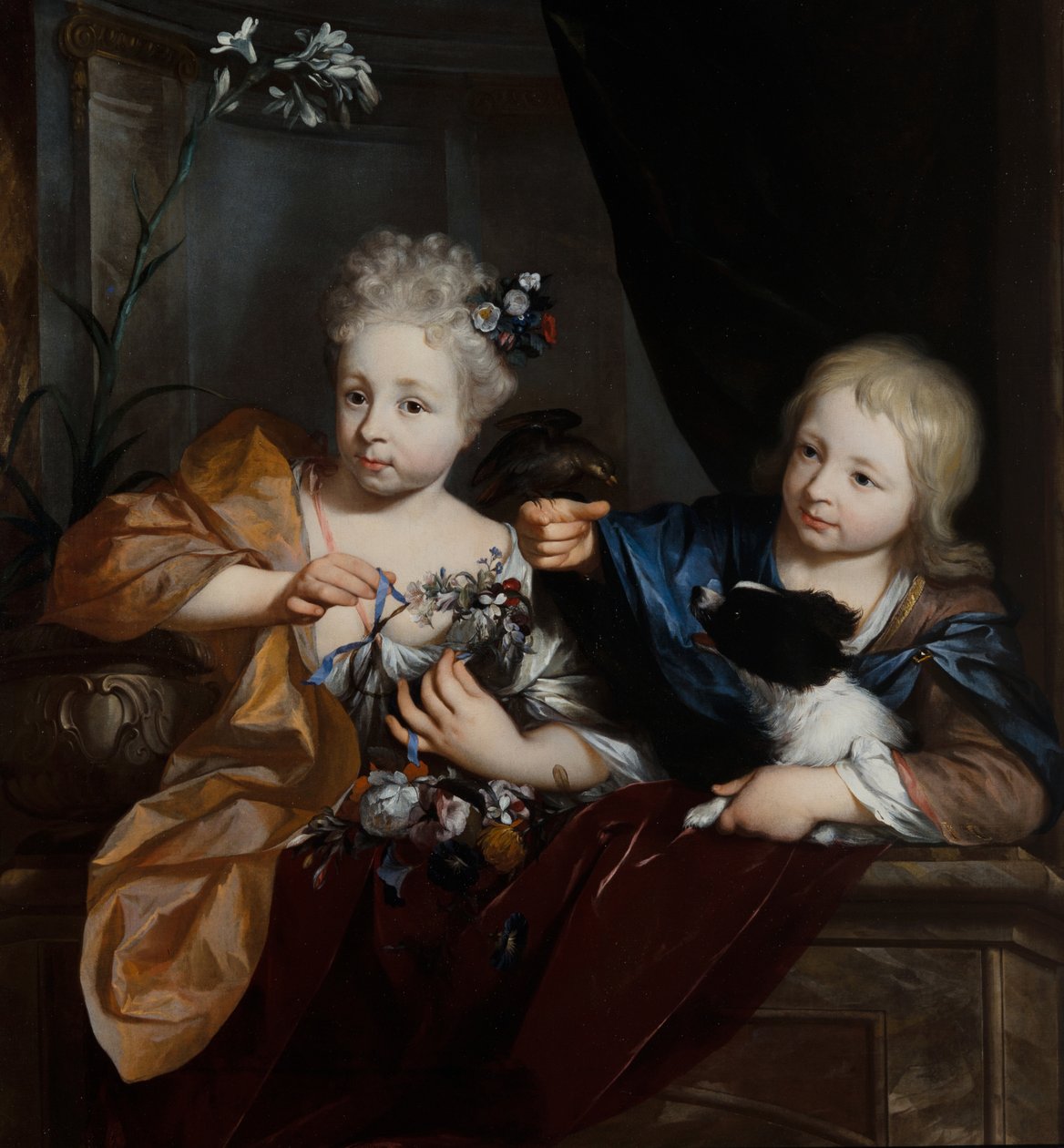 En ung pojke och flicka i en arkitektonisk miljö av Nicolaes Verkolje