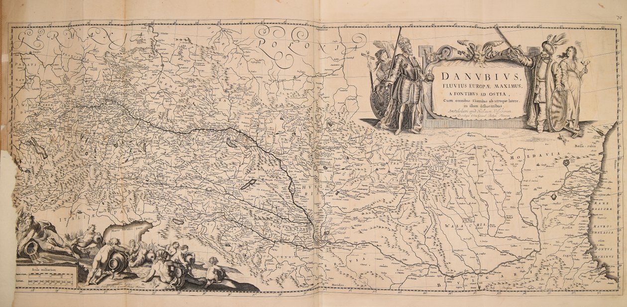 Danubius fluuius Europae maximus a fontibus ad ostia cum omnibus flumnibus ab utroque latere in illum defluentibus av Nicolaes Visscher