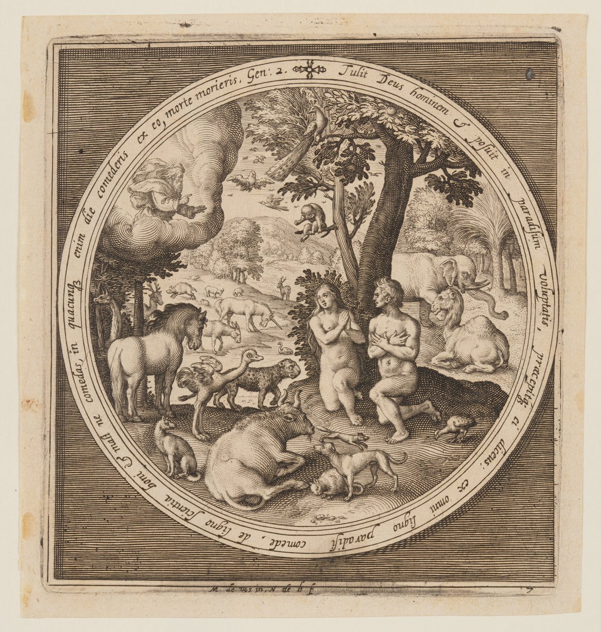 Adam och Eva i paradiset, från skapelsen till fördrivningen från paradiset av Nicolaes de Bruyn