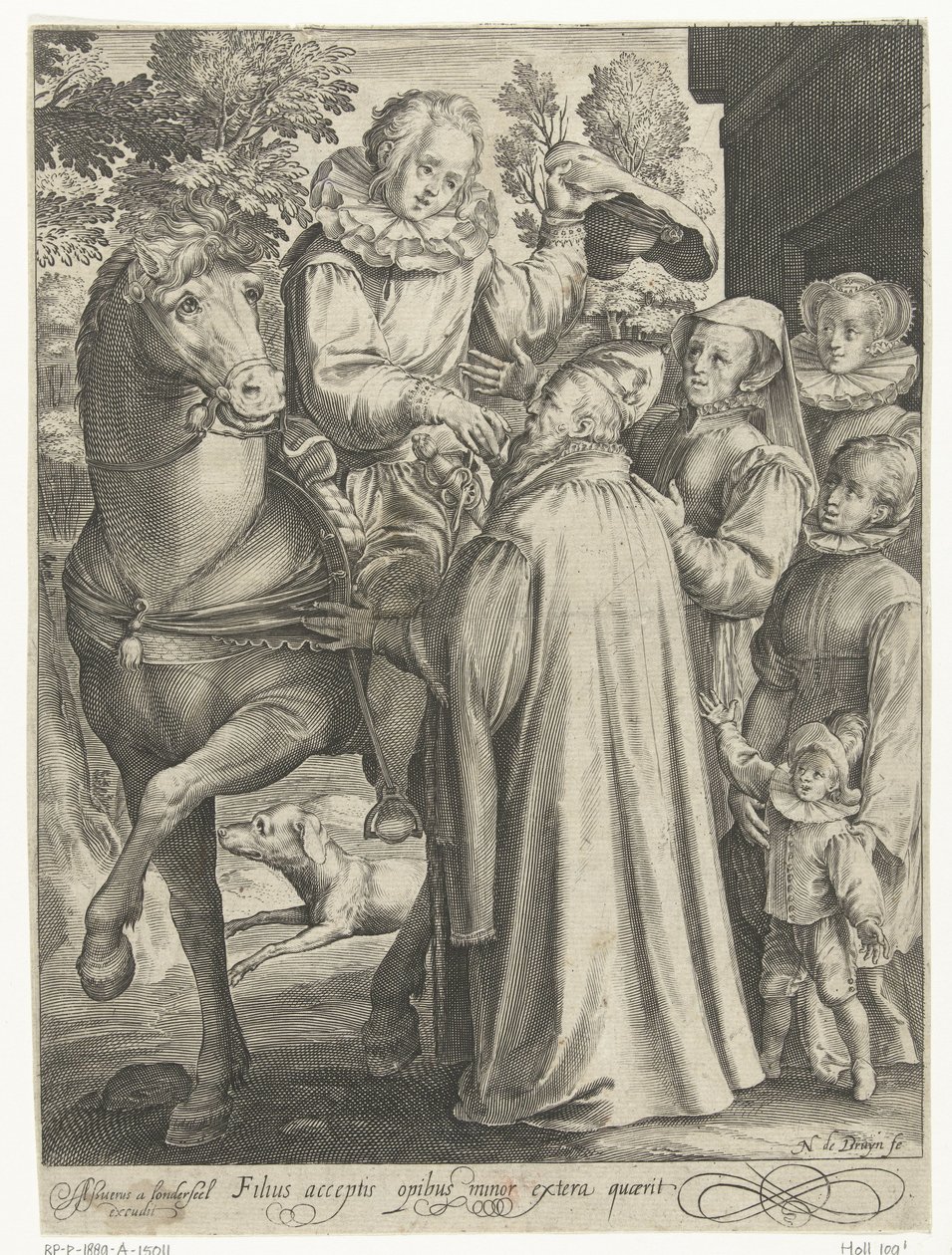 Den förlorade sonen får sitt arv och ger sig ut på en resa Filius acceptis opibus minor extera quaerit (titel på objekt) Tale of the Prodigal Son (serietitel) av Nicolaes de Bruyn