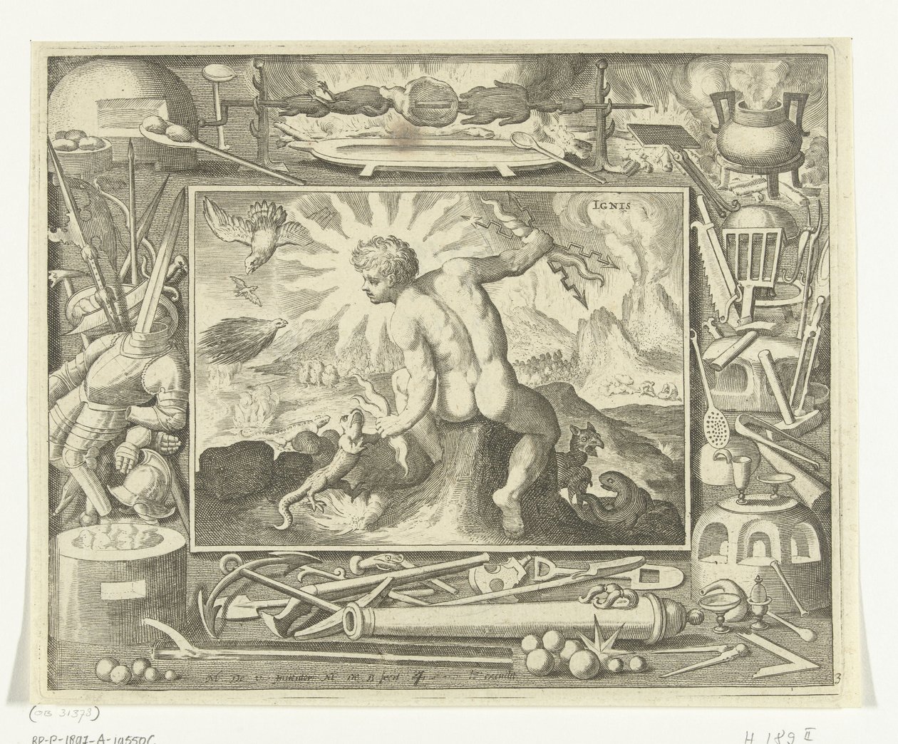 Element eld som en ung man med blixtar Ignis (titel på objekt) De fyra elementen (serietitel) av Nicolaes de Bruyn