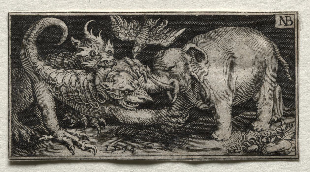 Elefant som slåss mot två odjur av Nicolaes de Bruyn