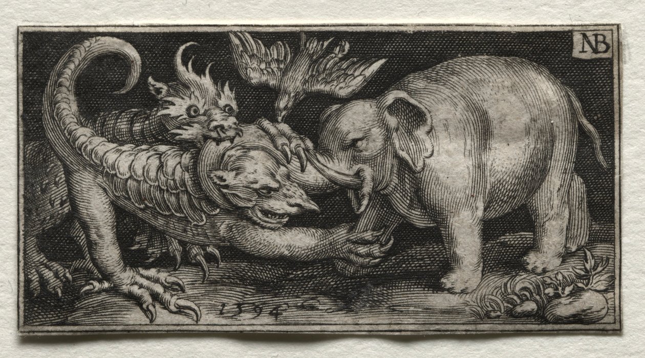 Elefant som kämpar mot två odjur, 1594. av Nicolaes de Bruyn