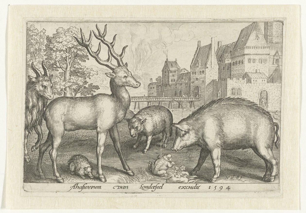 Rådjur, igelkott, får, groda och gris Animalivm qvadrvpedvm (serietitel) Djur i landskap (serietitel) av Nicolaes de Bruyn