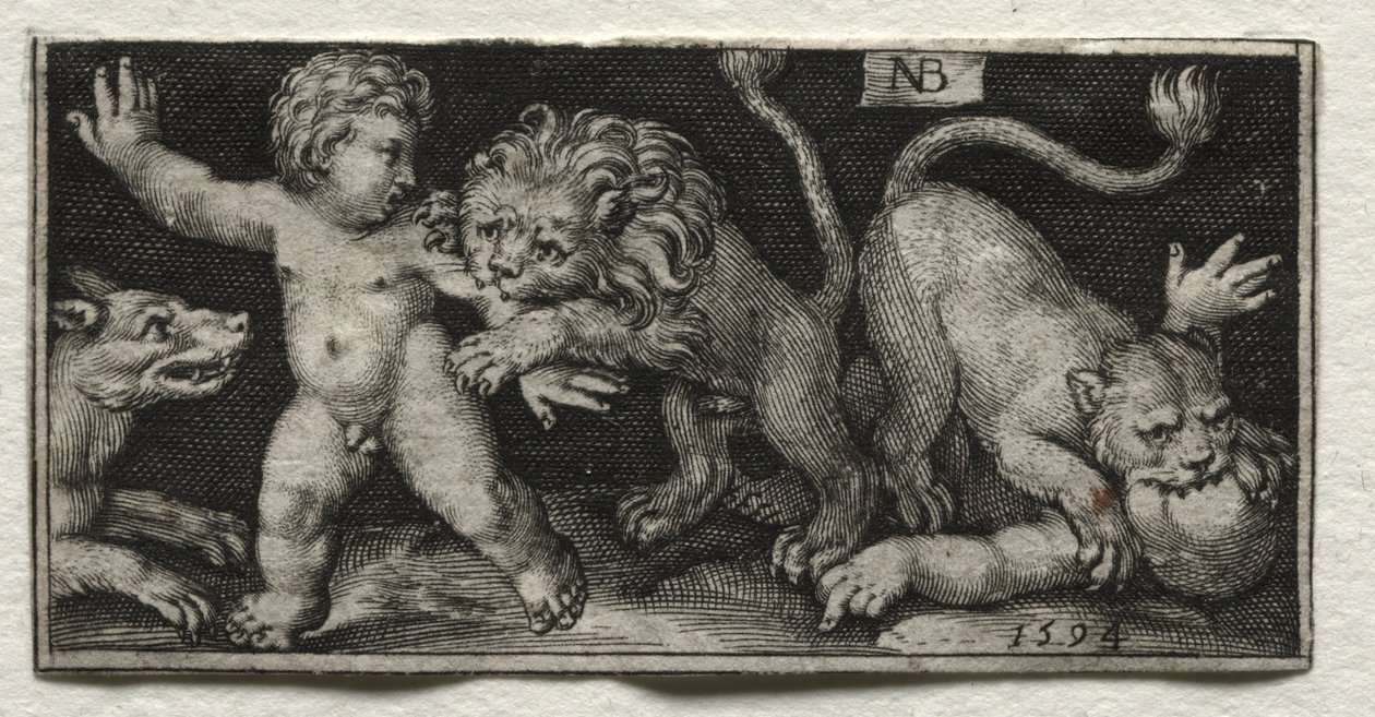 Lions attackerar barn, 1594. av Nicolaes de Bruyn