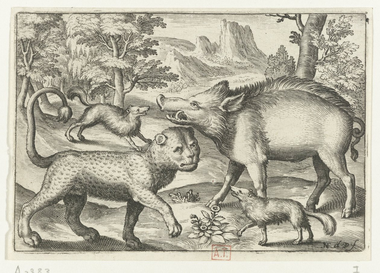 Leopard, vildsvin och två hundar Animalivm qvadrvpedvm (serietitel) Djur i landskap (serietitel) av Nicolaes de Bruyn