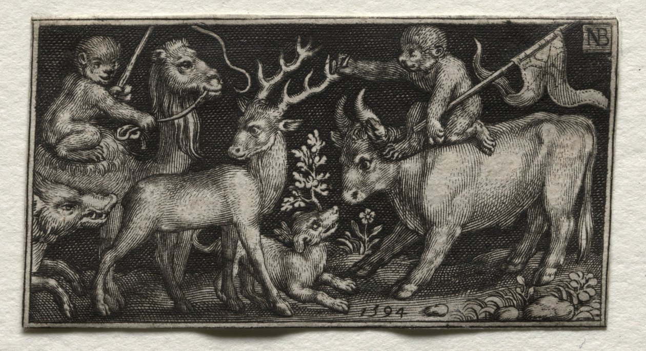 Apor som rider på en kamel och en tjur, 1594. av Nicolaes de Bruyn