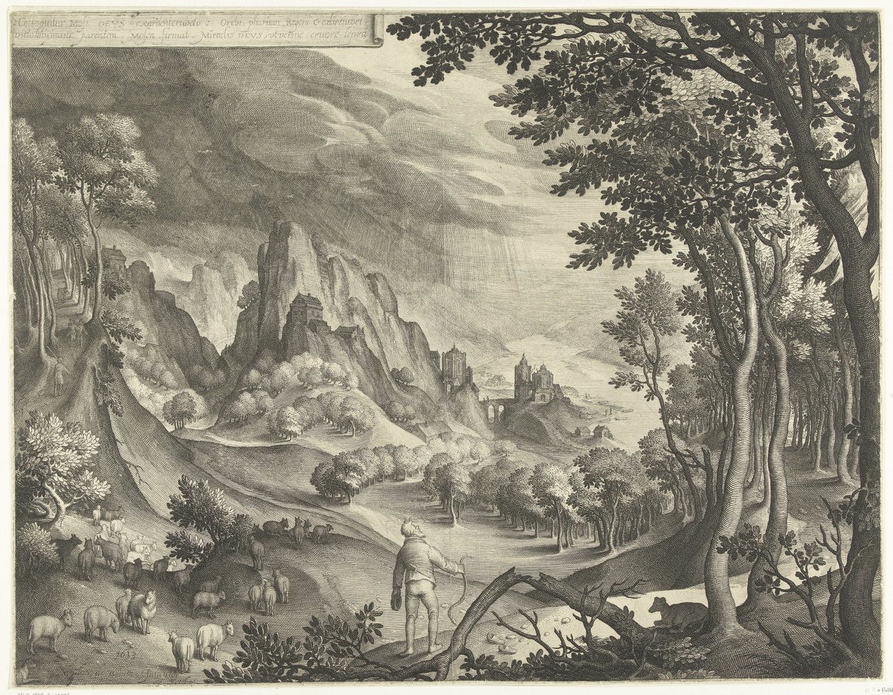 Moses tilltalas av Gud på berget Horeb av Nicolaes de Bruyn