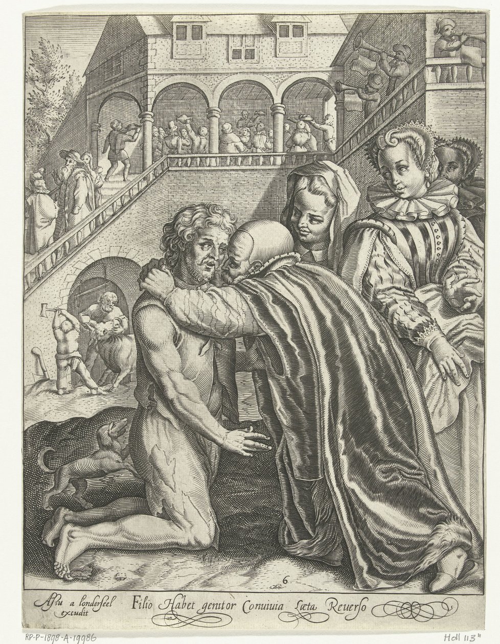 Den förlorade sonens hemkomst Filio habet conuiuia laeta Reuerso (titel på objekt) Tale of the Prodigal Son (serietitel) av Nicolaes de Bruyn