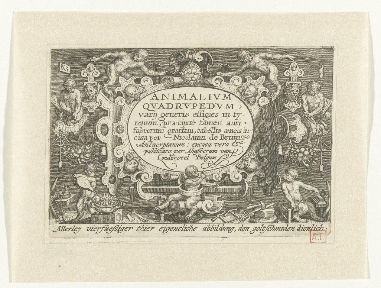 Titeltryck med titel i kartusch omgiven av apor på jobbet som guldsmed Animalivm qvadrvpedvm (titel på objekt) Djur i landskap (serietitel) av Nicolaes de Bruyn