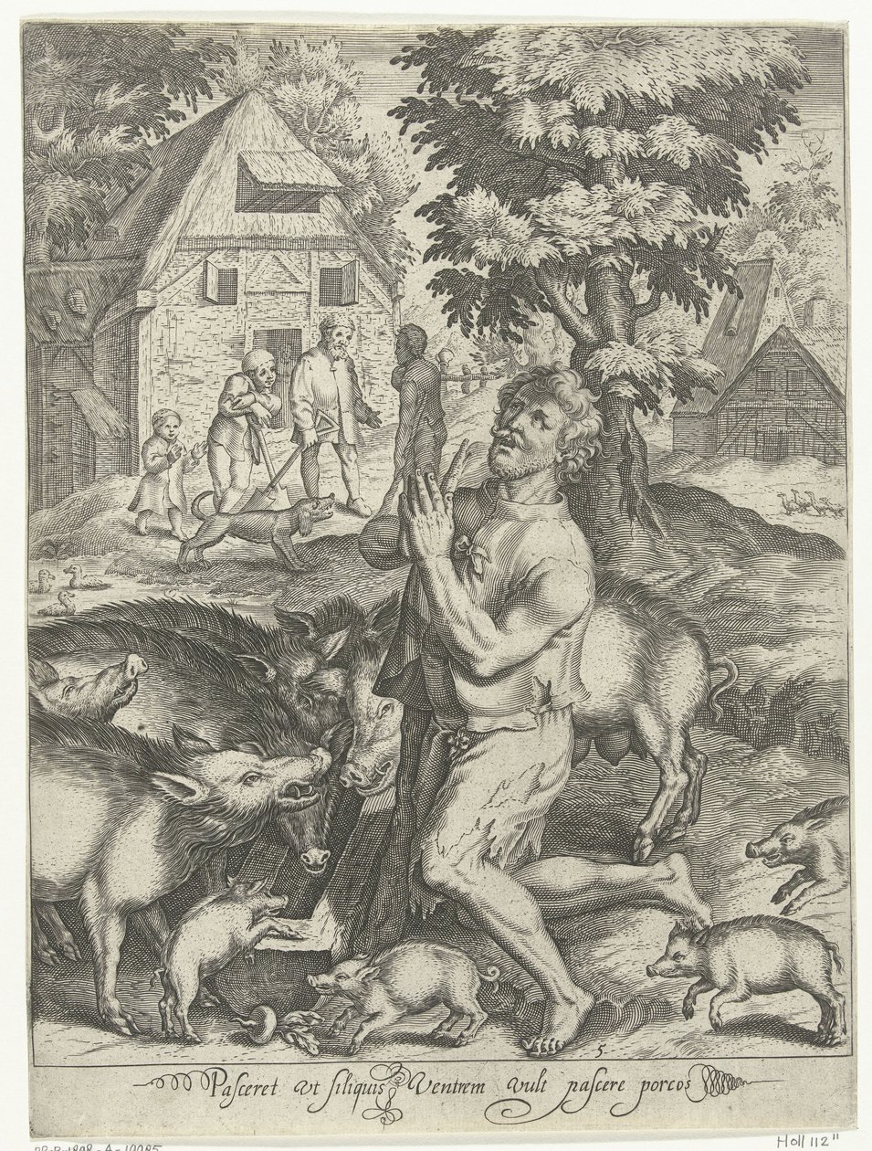 Förlorade son som svinskötare Pasceret vt siliquis ventrem fyller pascere porcos (titel på objekt) Story of the Prodigal Son (serietitel) av Nicolaes de Bruyn