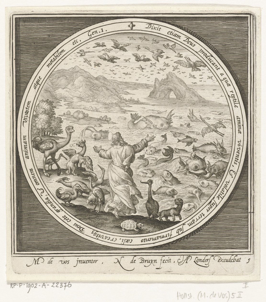 Skapelsens femte dag: Gud skapar fiskar och fåglar Från skapelse till utvisning från paradiset (serietitel) av Nicolaes de Bruyn