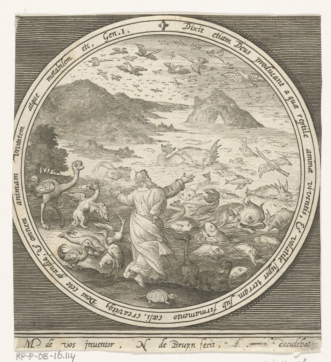 Skapelsens femte dag: Gud skapar fiskar och fåglar Från skapelse till utvisning från paradiset (serietitel) av Nicolaes de Bruyn