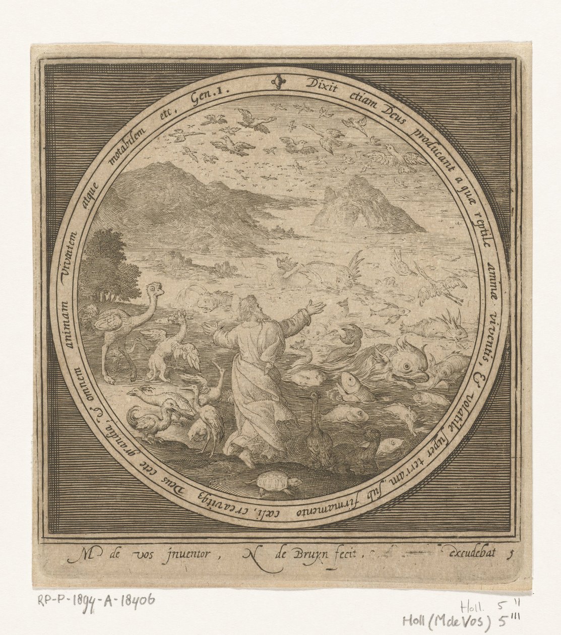 Skapelsens femte dag: Gud skapar fiskar och fåglar Från skapelse till utvisning från paradiset (serietitel) av Nicolaes de Bruyn