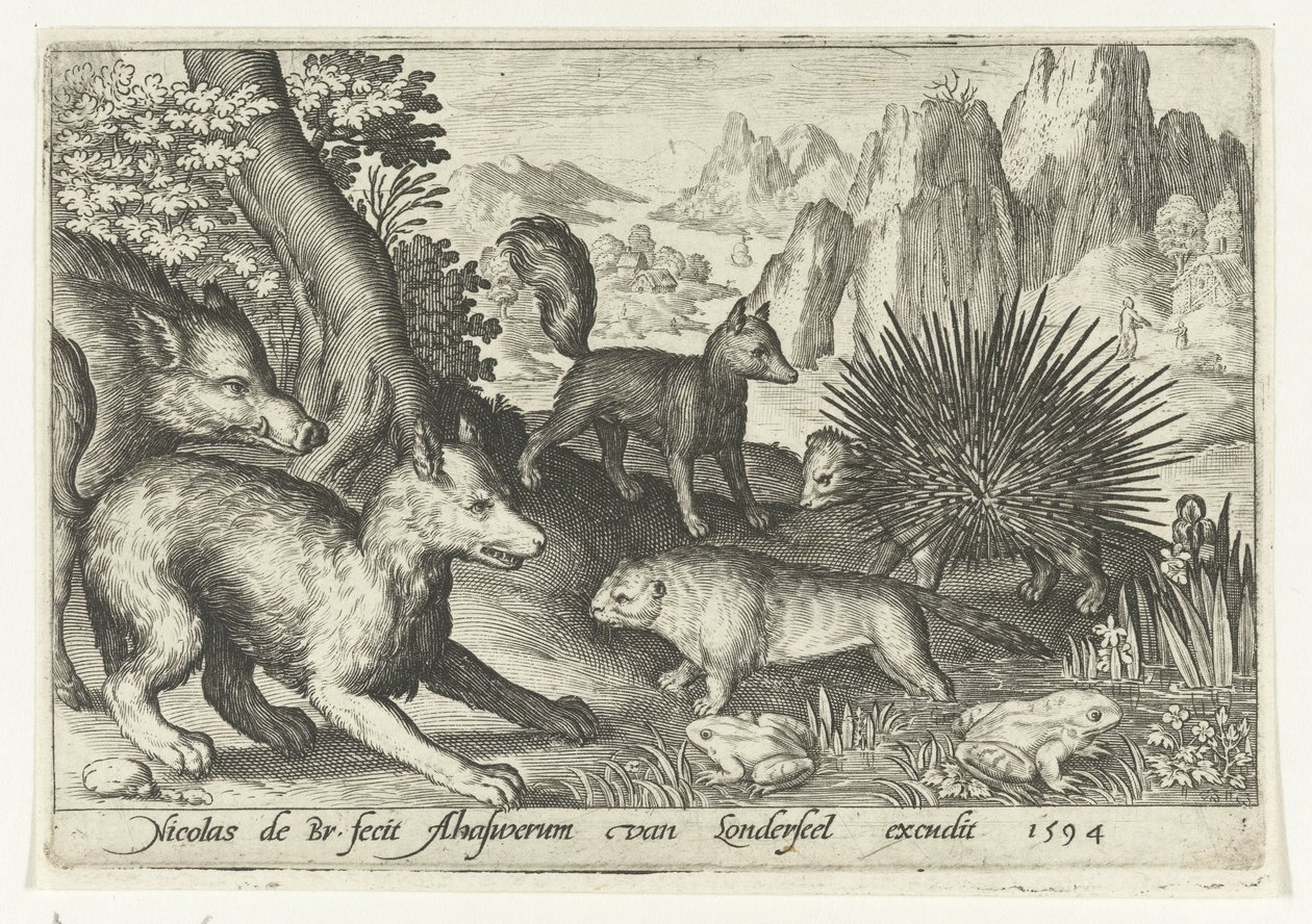 Vildsvin, räv, bäver, piggsvin och grodor Animalivm qvadrvpedvm (serietitel) Djur i landskap (serietitel) av Nicolaes de Bruyn