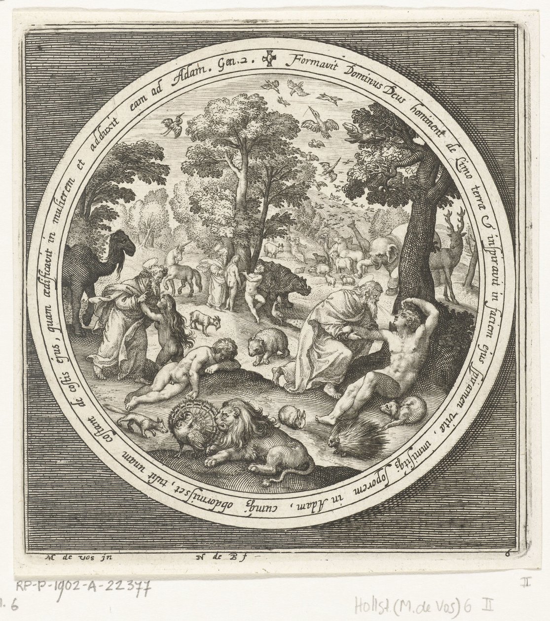 Skapelsens sjätte dag: Gud skapar djuren och Adam och Eva Från skapelse till utvisning från paradiset (serietitel) av Nicolaes de Bruyn