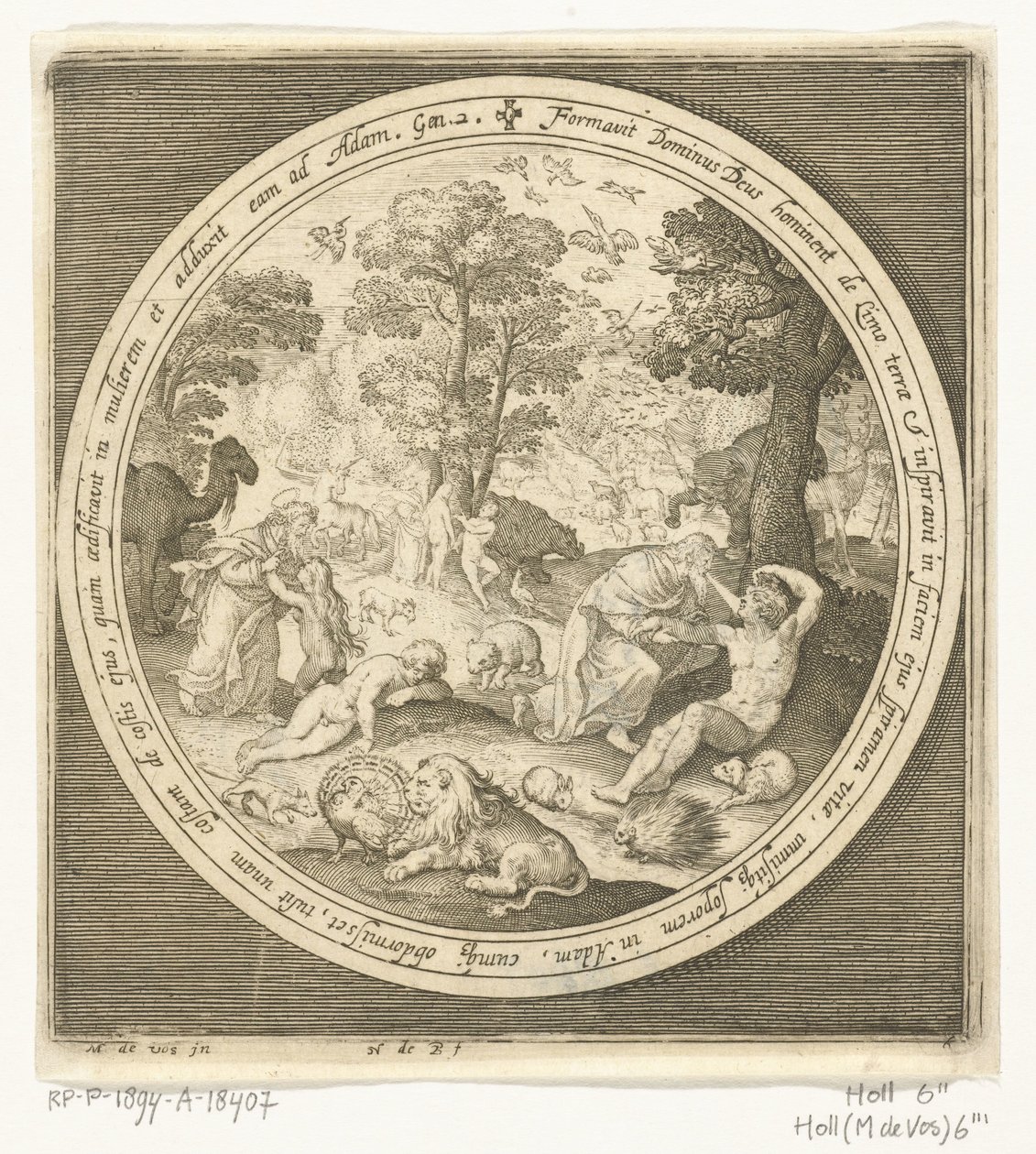Skapelsens sjätte dag: Gud skapar djuren och Adam och Eva Från skapelse till utvisning från paradiset (serietitel) av Nicolaes de Bruyn