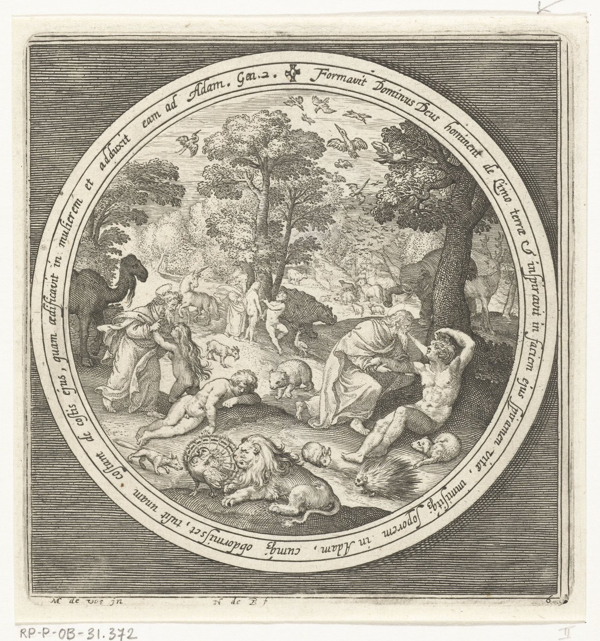 Skapelsens sjätte dag: Gud skapar djuren och Adam och Eva Från skapelse till utvisning från paradiset (serietitel) av Nicolaes de Bruyn
