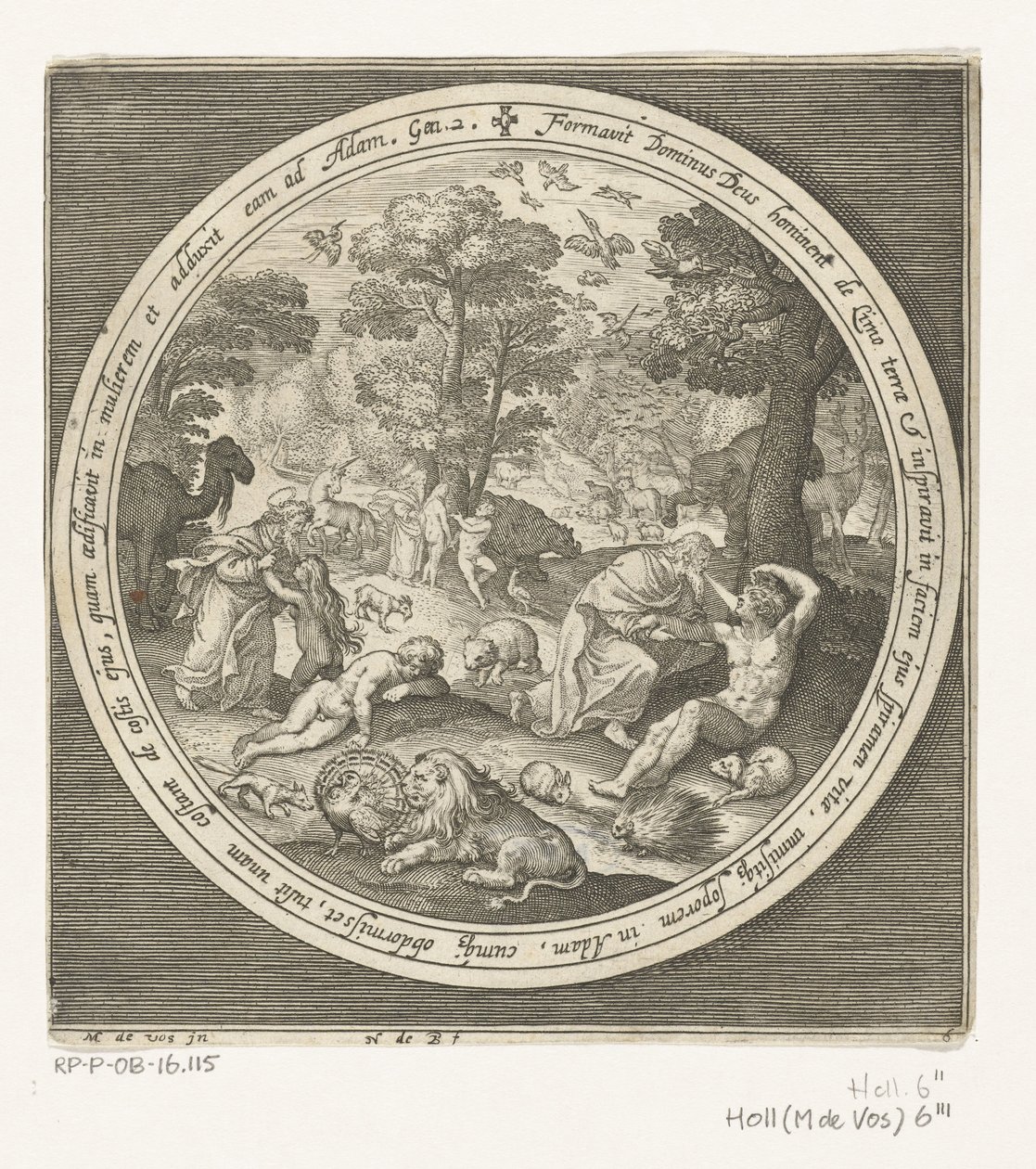 Skapelsens sjätte dag: Gud skapar djuren och Adam och Eva Från skapelse till utvisning från paradiset (serietitel) av Nicolaes de Bruyn