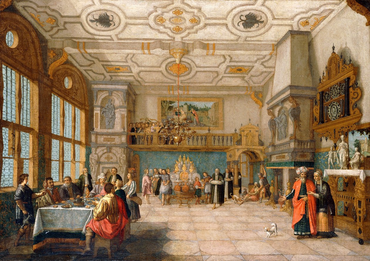 Lazarus vid dörren till en bankettsal med eleganta restauranger, 1622 av Nicolaes de Gyselaer